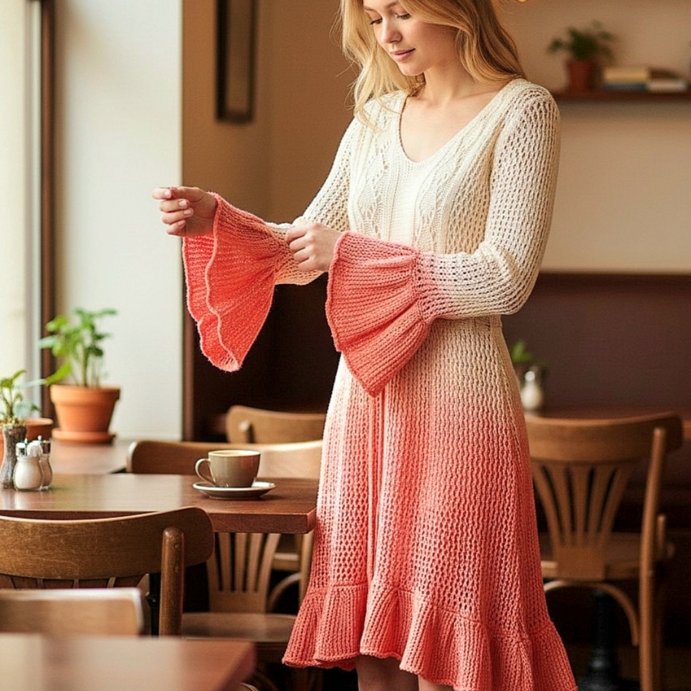 Venus Cotton Crochet Dress Salmon Pink Ombre Bell Sleeve Loose Knit Festival / L